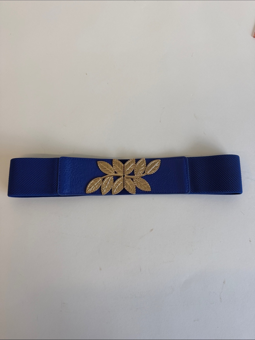 Gold Leaf Accent Blue Leather Elastic Waist Belt